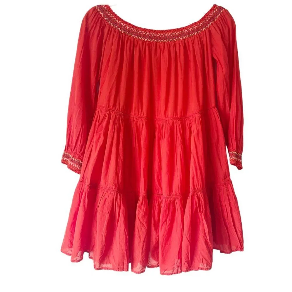 Free People Bright Red Floral Embroidered Off Shoulder Sunbeams Mini Dress S